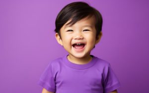 toddler boy smiling against purple background 