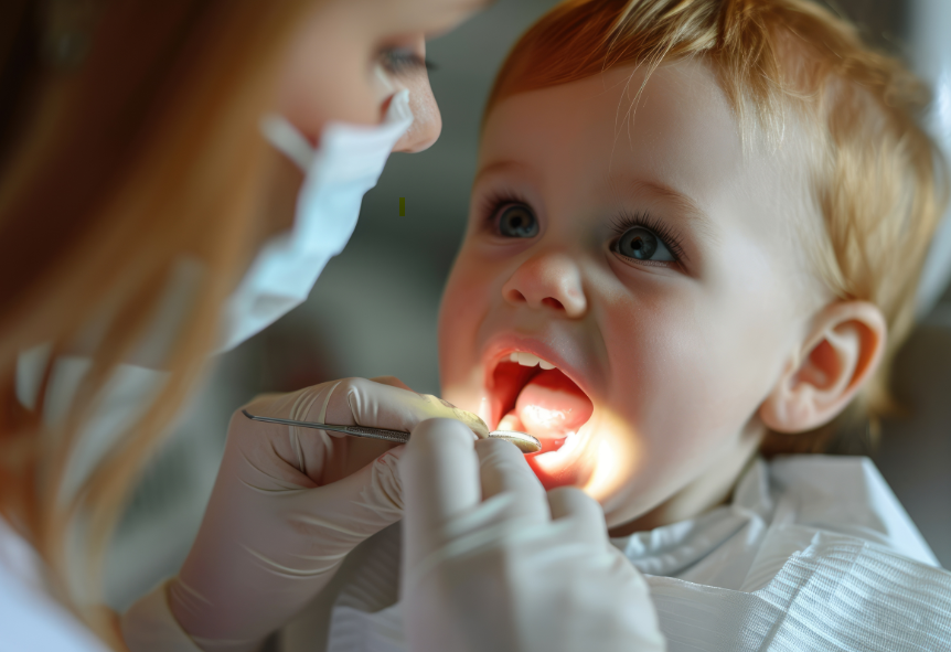 Toddler in dental chair undergoing exam